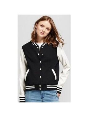 Mossimo Black White Varsity Letterman Bomber Jacket Large